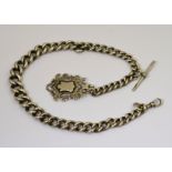 A heavy silver graduated curb link watch chain with attached fob medal,