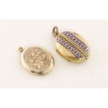 Two Victorian gilt 'back & front' lockets with engraved decoration, one also with blue enamel,