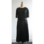 Early 1930s silk satin (medium weight) black dress with black silk belt and bakelite buckle.