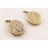 Two Victorian gilt 'back & front' lockets with engraved decoration, together approx 16.