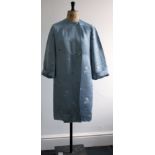 1950s ice blue Chinoiserie print silk collarless jacket with original glass buttons.