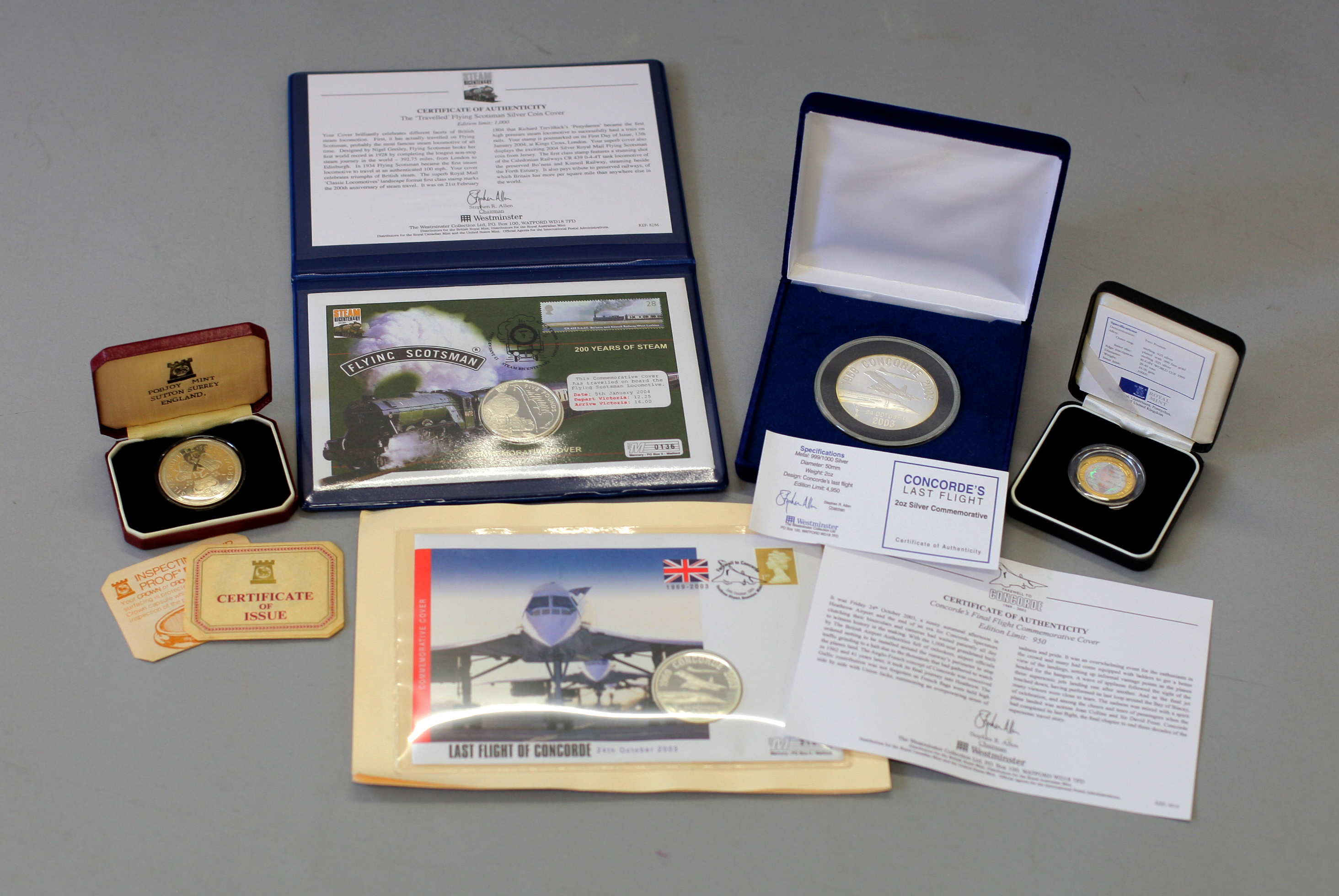 Commemorative silver coins to include 'Flying Scotsman' & 'Last Flight Of Concorde', coin covers,