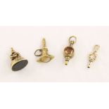 Three Victorian gilt watch keys & a bloodstone set fob seal (4)
