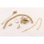 A small quantity of 9ct items to include two bracelets, floral brooch, diamond set ring,