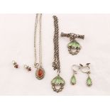 A set of marcasite & green enamel pendant, brooch & ear pendants each stamped 'SILVER',