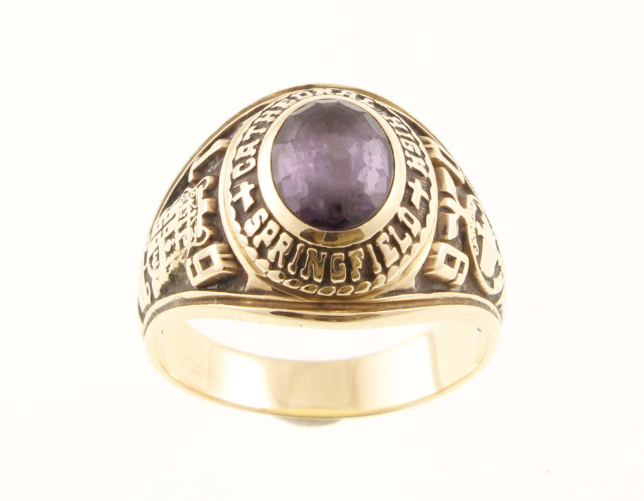 An American stone set college ring dated 1990 stamped 10k JOSTEN'S, approx 7.
