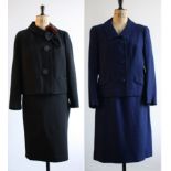 A pair of 1960s two-piece ladies suits. A royal blue brocade suit by Harella.