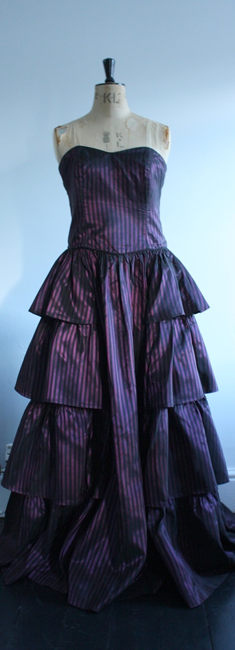 1980s Laura Ashley strapless ballgown. Iridescent boysenberry purple taffeta with a black stripe.