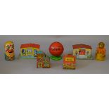 Six unboxed tinplate novelty Money Boxes, by J. Chein (N.Y.C.