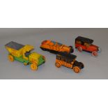 Four unboxed tinplate vehicles, two cars by J.