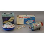 Two boxed battery operated spaceship toys of tinplate and plastic construction, 'Space Ranger No.