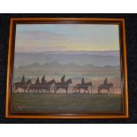 Philip Toon. Canvas depicting silhouettes of horses and jockeys up at twilight. Framed 66cm x 56.