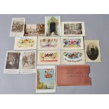 A collection of WW1 era embroidered postcards and others