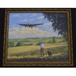 Philip Toon. on canvas depicting a Man and Dog in a field watching an RAF bomber fly overhead.