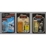 Three vintage Star Wars 3 3/4" figures: Kenner 8D8 on ROTJ 77 back card;