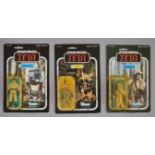 Three Kenner Star Wars 3 3/4" figures sealed on ROTJ cards: AT-ST Driver on 77 back;