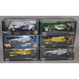 Six boxed Hot Wheels 1:18 scale diecast model Racing Cars. Overall models appear G+ in F to G boxes.