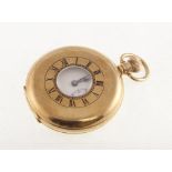 A 9ct half-hunter top wind pocket watch with unsigned working 15 jewel movement, uncracked dial,