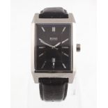 A modern stainless steel HUGO BOSS quartz gents wristwatch with fitted leather strap & original box