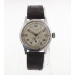 A MOERIS military stainless steel manual-wind shock absorber wristwatch on a black leather strap,