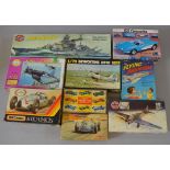 Eight boxed plastic model car, ship and aircraft kits by Airfix, Matchbox,