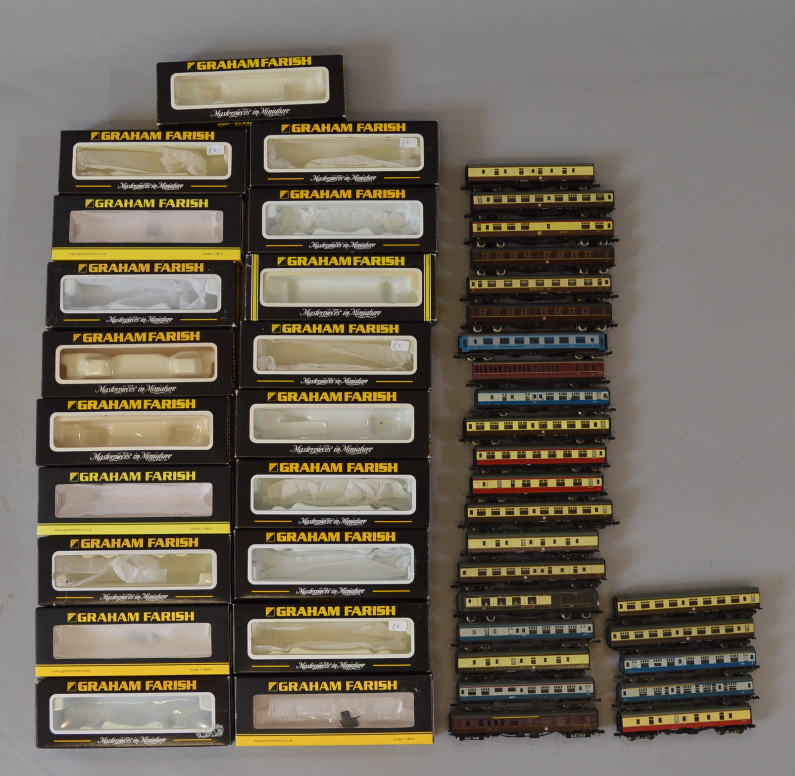 N Gauge. 25 x assorted unboxed coaches. Farish & Lima.