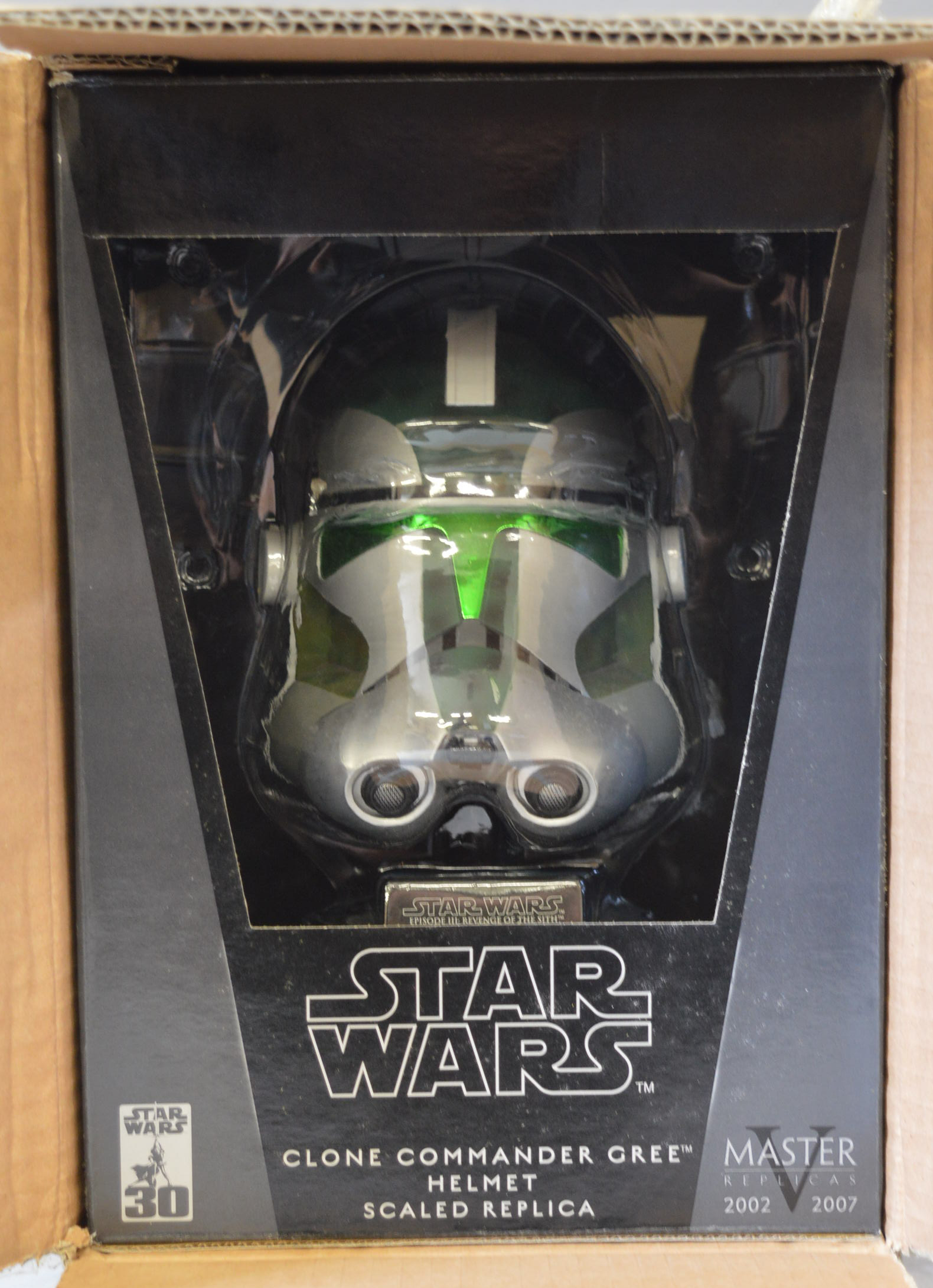 Star Wars Master Replicas SW-372 'Clone Commander Gree Helmet', with box and outer shipping box.