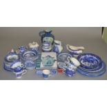 A collection of assorted blue and white ceramics including an Oriental jug with mark to base,