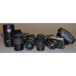 A mixed lot of cameras and accessories including Praktica and Tamron etc