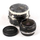 Olympus Zukio 16mm Fish Eye Lens. #102548 (condition 5F) in very scruffy case.