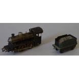 Live steam 0-4-0 locomotive with tender, early German, possibly Bing. G, worn paint, some dents.