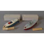 Two boxed Sutcliffe tinplate boats, 'Zip' in blue and white,