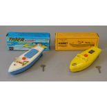 Two boxed Sutcliffe clockwork tinplate Speedboats, a 'Comet' in yellow, G+/VG,