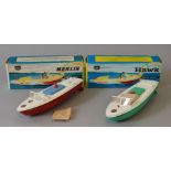 Two boxed Sutcliffe tinplate Speedboats, 'Hawk' with clockwork mechanism in green and white,