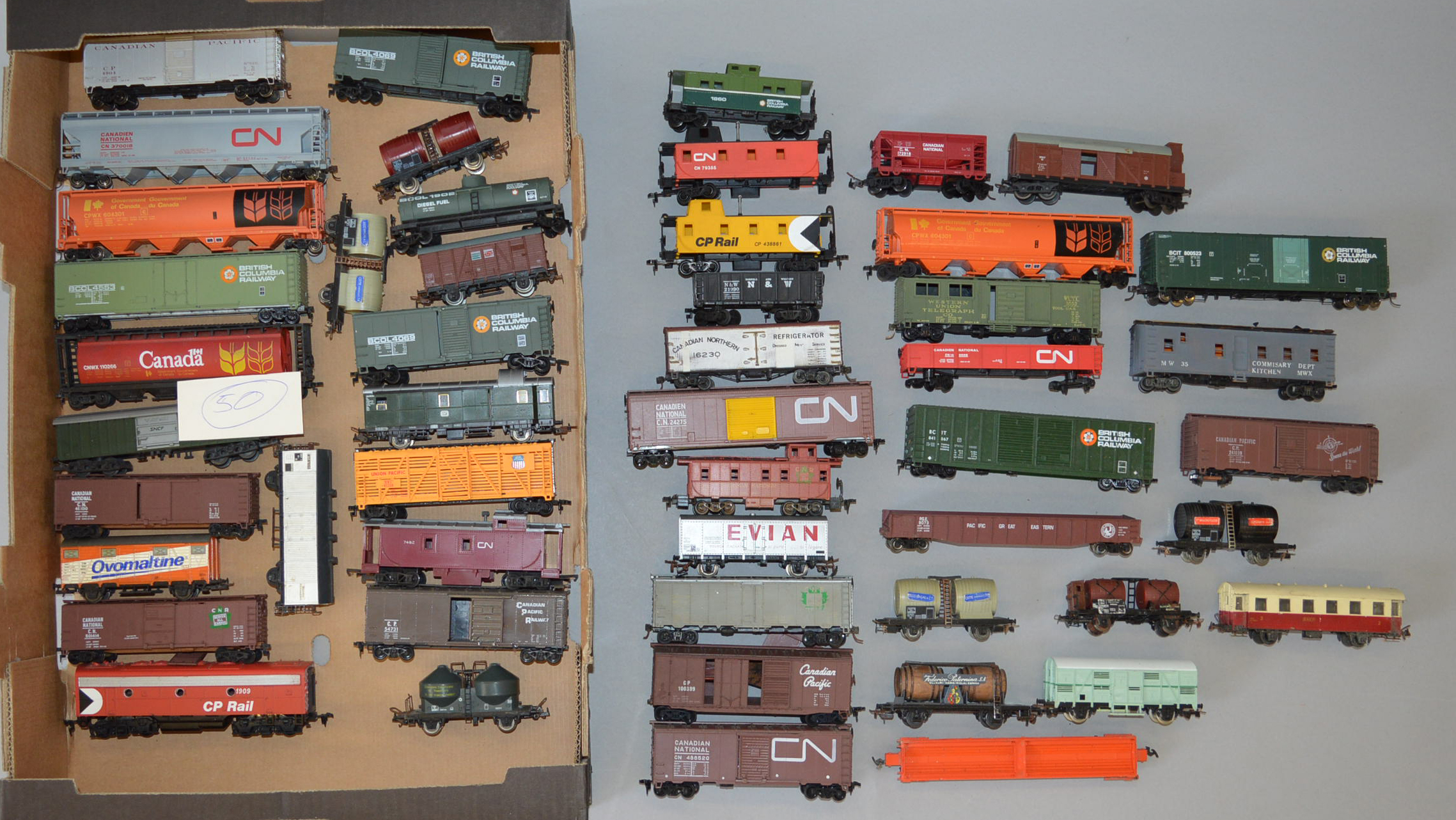 H0 Scale. 50 x assorted unboxed rolling stock, Canadian Railway & Continental types.