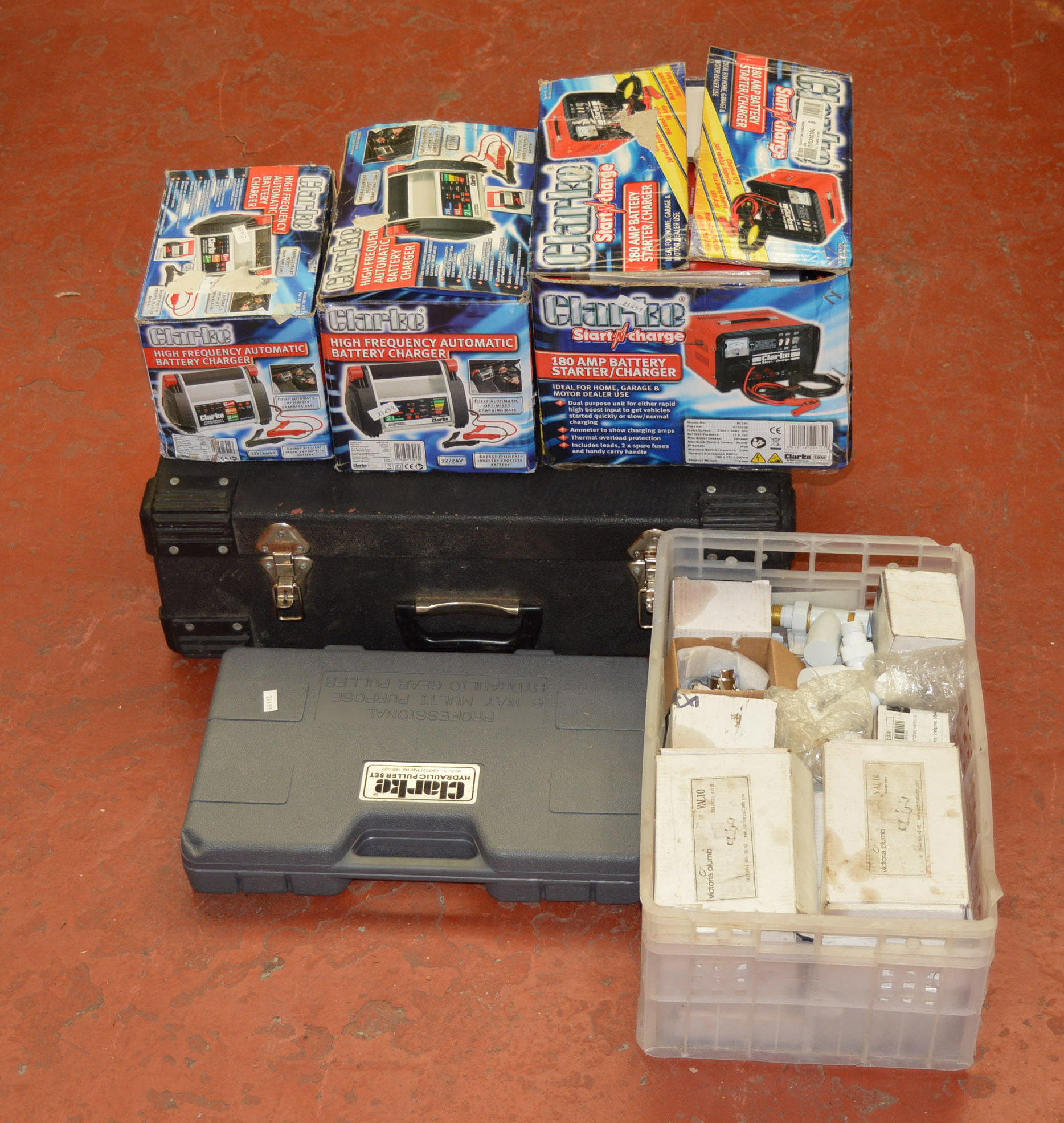 3 Clarke car battery chargers, a Clarke Hydraulic Puller set,