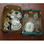 Two boxes of assorted ceramics and glassware.