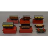 O gauge, Hornby, mostly LMS, includes: Goods Brake Van LMS; Wagon with Sheet Rail LMS; No.