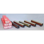 OO gauge, Hornby Dublo: five coaches in red boxes (two 4054, 4051, 4052,