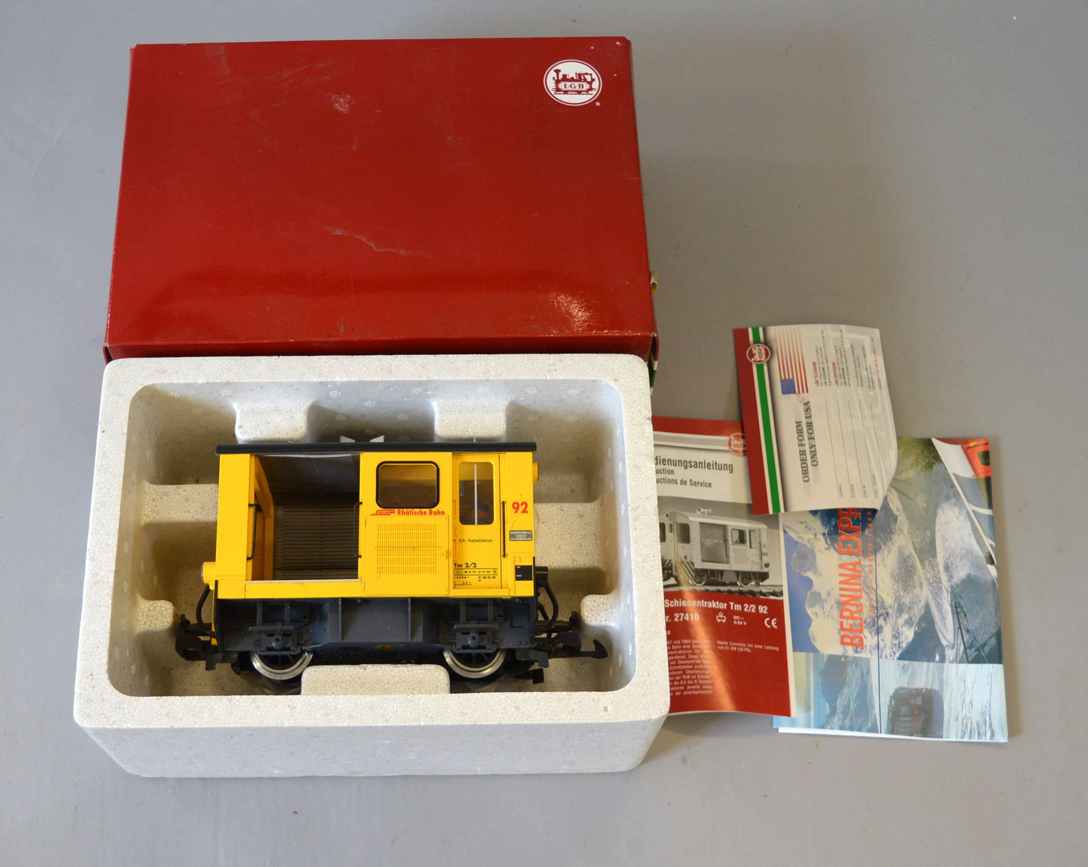 G gauge, LGB 27410 RhB Tractor Loco. G, in need of clean, boxed.