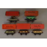 O gauge, Hornby: No. 1 Flat Truck with Cable Drum, LMS, B.I. Cables; Hopper Wagon, LMS; three No.