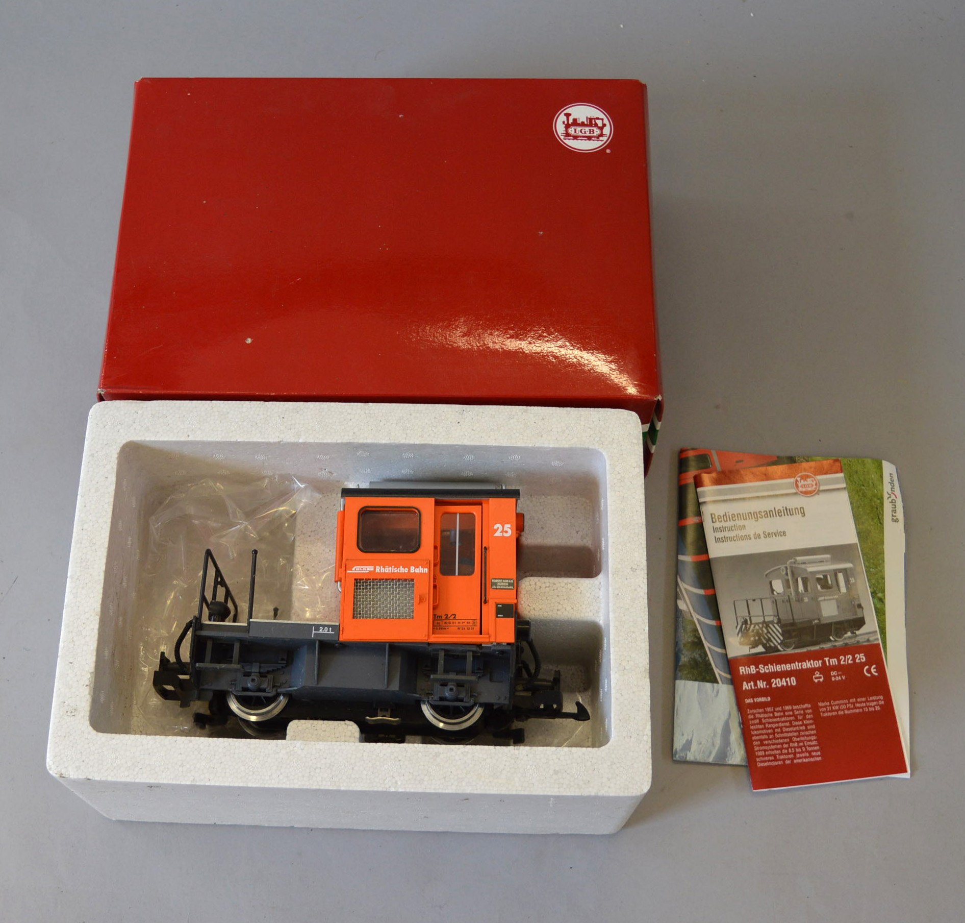 G gauge, LGB 20410 RhB Tractor Locomotive. Appears VG, boxed.