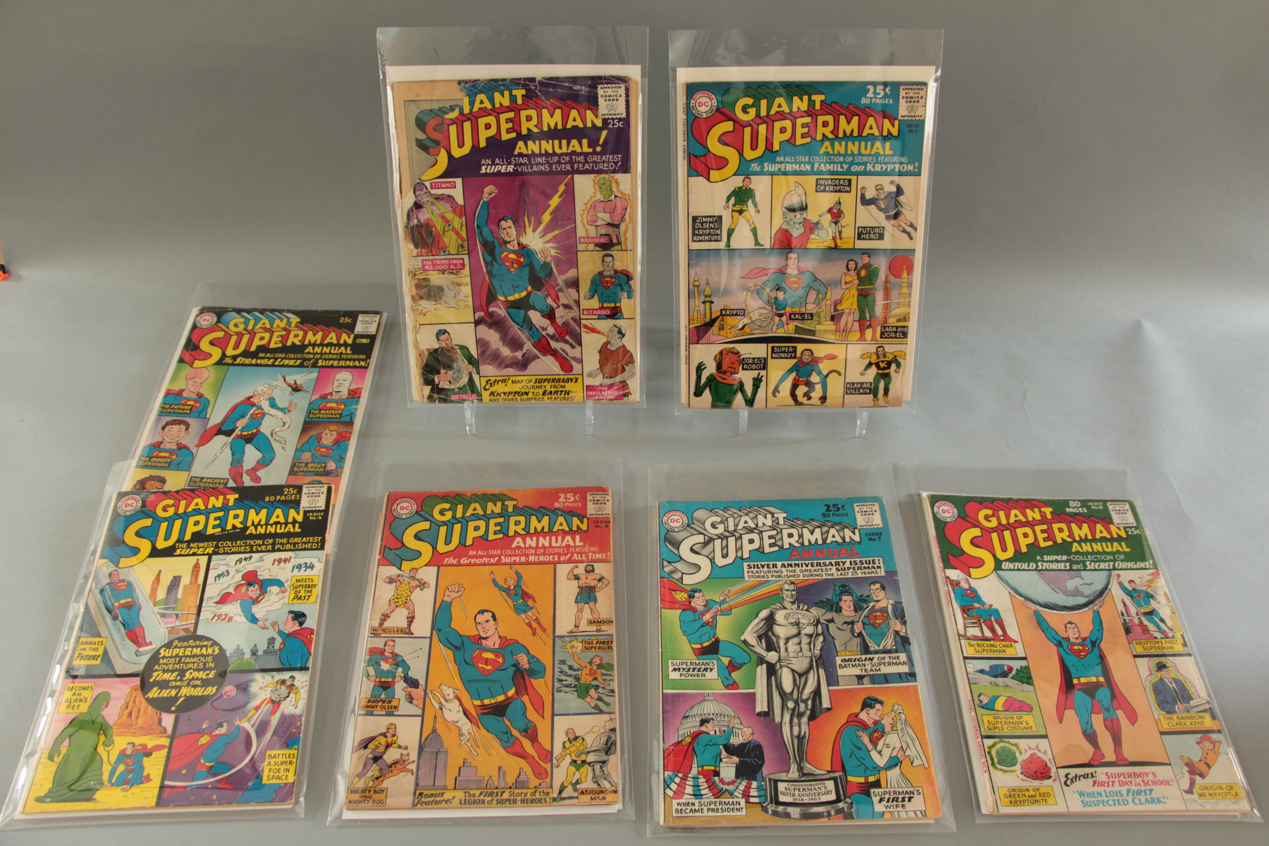 Set of 7 Superman Giant Annuals from the 1960's including Giant Annual #2 SUPER VILLAINS in fair
