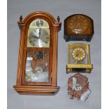 4 clocks including a Smiths mantle clock and a cuckoo clock and a four-glass Kundo clock.