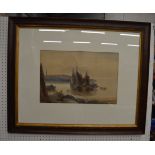 W. J. CALLCOTT. Watercolour depicting a harbour scene. Framed & Glazed. 89cm x 72cm.
