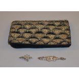 A vintage ladies evening bag together with a marcasit brooch and bracelet marked "Sterling" (3)
