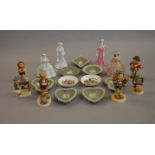 A collection of Hummel and Coalport figures together with various pieces of green Wedgwood