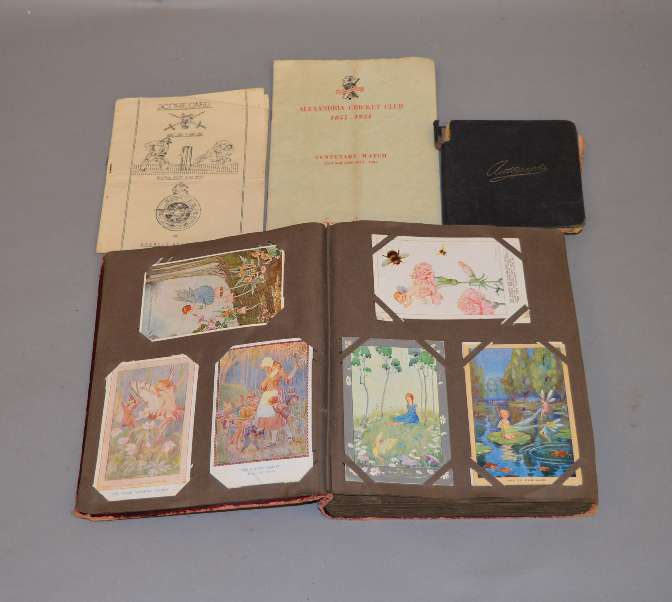 An early 20th century postcard album together with a WW1 era autograph book and two 1950s cricket