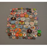 A collection of assorted pin badges including mostly political, trade union,