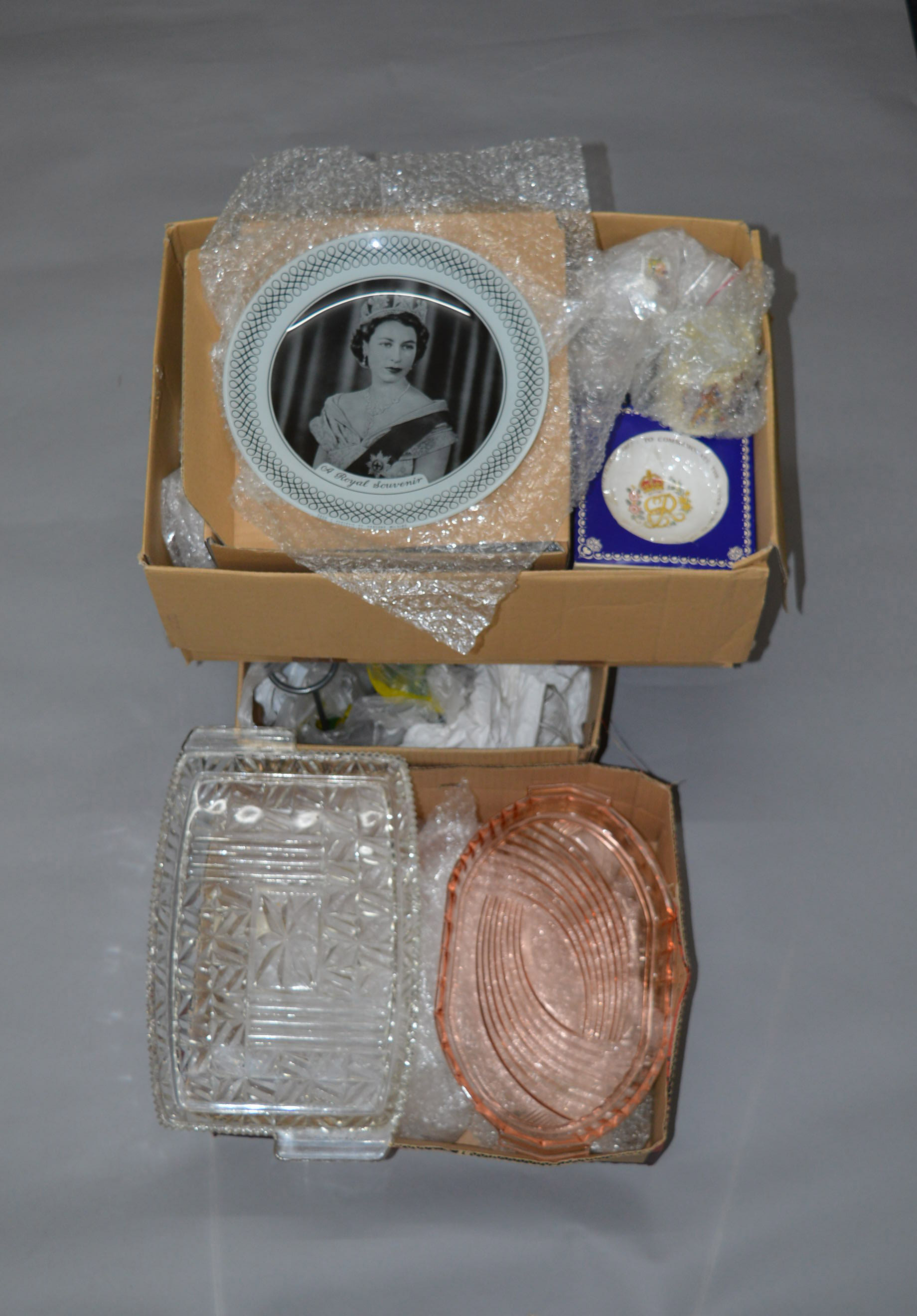 3 Boxes of assorted glass and ceramics including vanity sets, Royal memorabilia,